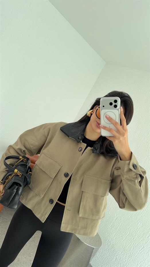 Yakası Deri Gabardin Ceket