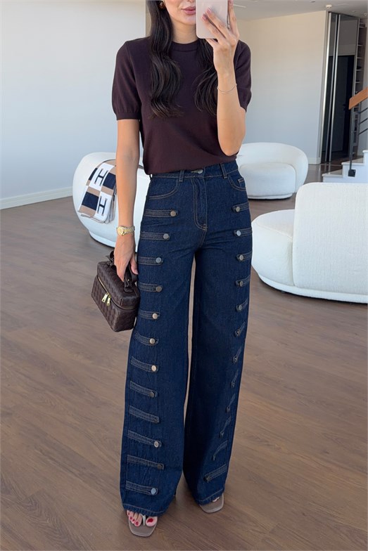 Yanları Düğmeli Lacivert Jean