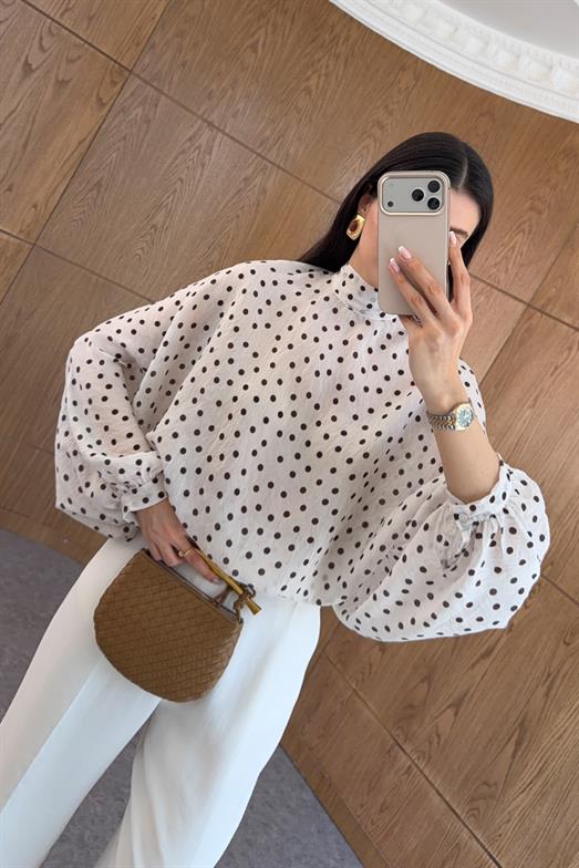 Yarasa Kol Puantiyeli Ekru Bluz