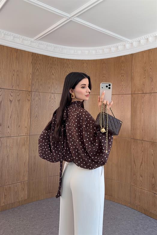 Yarasa Kol Puantiyeli Kahve Bluz