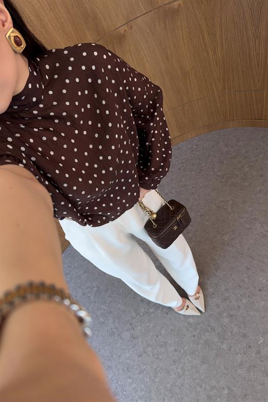 Yarasa Kol Puantiyeli Kahve Bluz