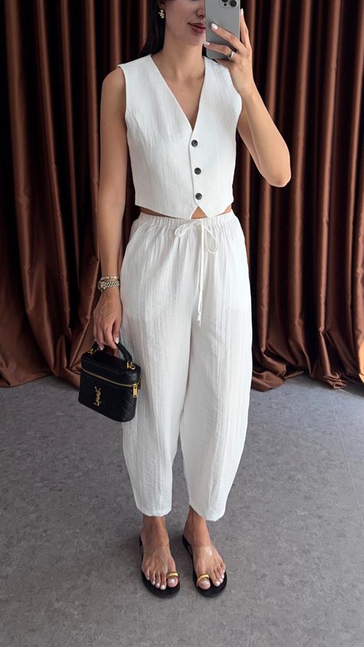 Yelek-Pantolon Beyaz Takım