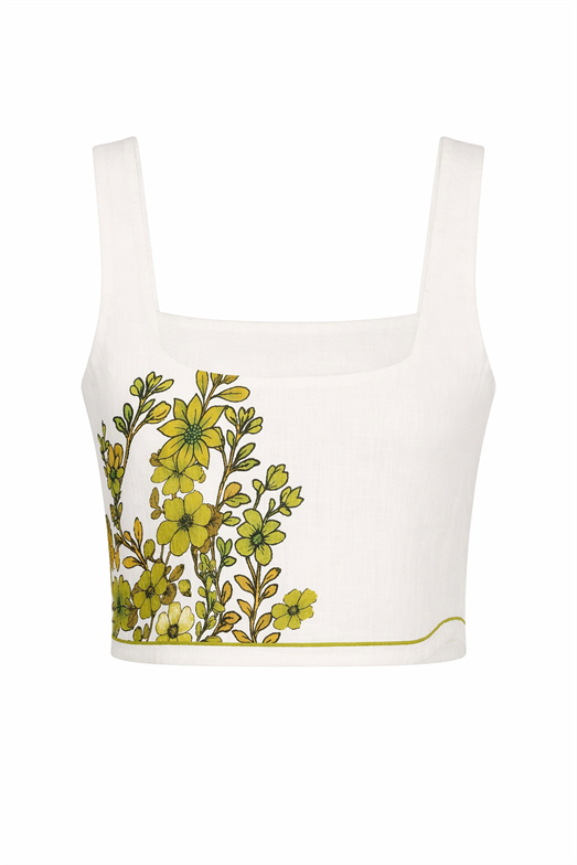 Yeşil Çiçek Bordürlü Crop Bluz-Etek Takım