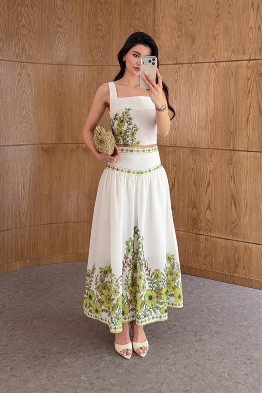 Yeşil Çiçek Bordürlü Crop Bluz-Etek Takım