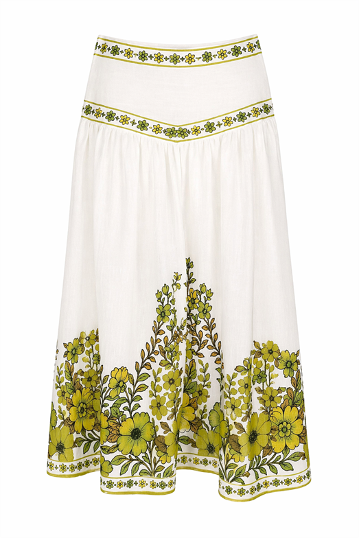 Yeşil Çiçek Bordürlü Crop Bluz-Etek Takım