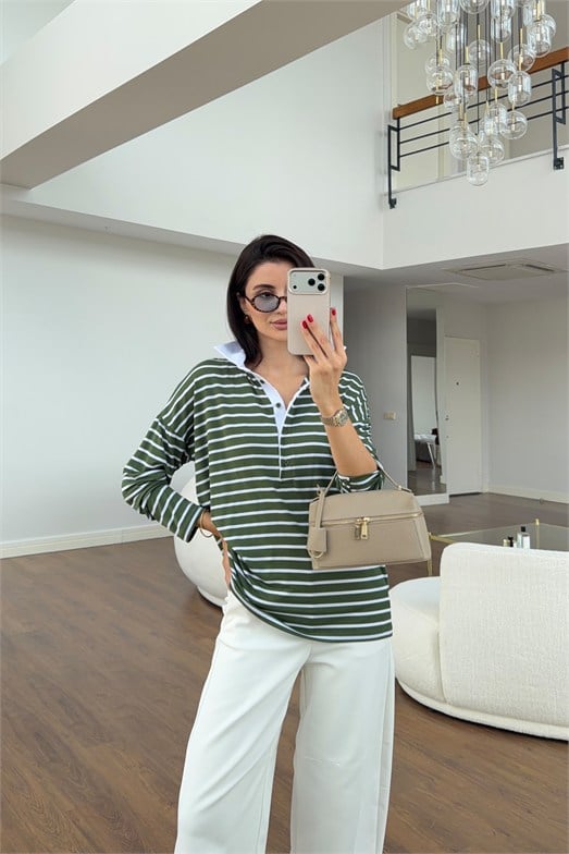 Yeşil Çizgili Kontrast Polo Yaka Sweat