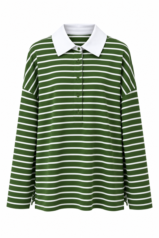 Yeşil Çizgili Kontrast Polo Yaka Sweat