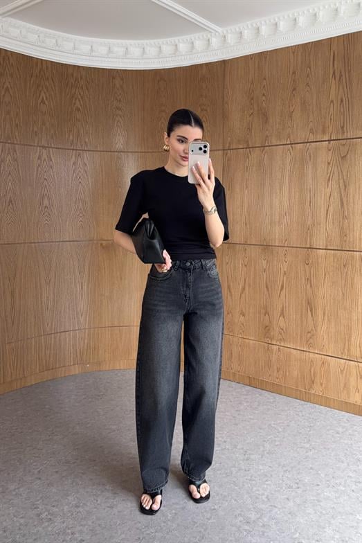 Yıkamalı Antrasit Baggy Jean
