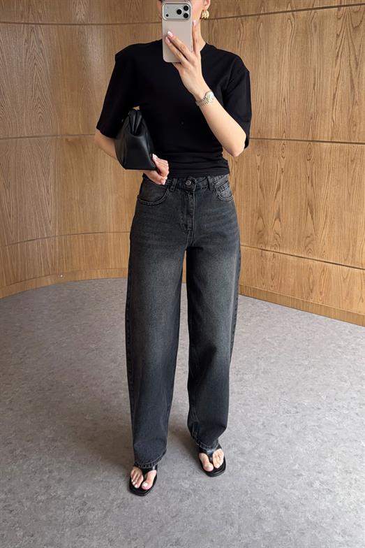 Yıkamalı Antrasit Baggy Jean