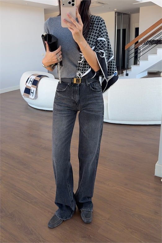 Yıkamalı Antrasit Straight Jean