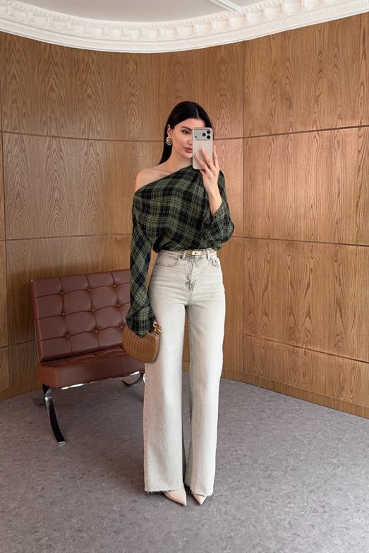 Yıkamalı Bej Wide Leg Kesik Paça Jean