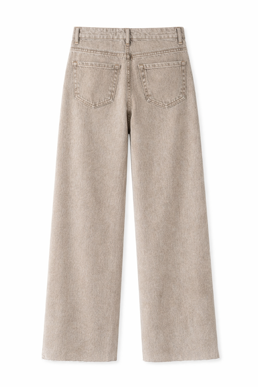 Yıkamalı Bej Wide Leg Kesik Paça Jean
