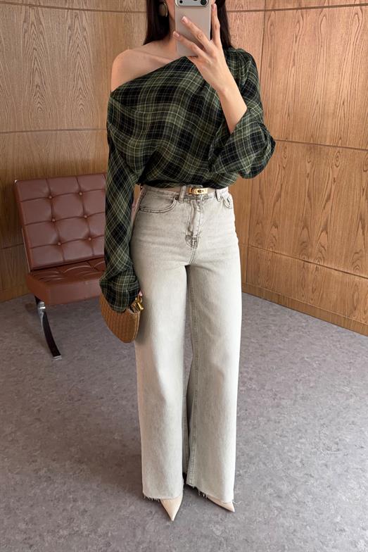 Yıkamalı Bej Wide Leg Kesik Paça Jean