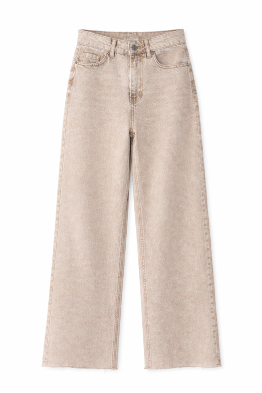 Yıkamalı Bej Wide Leg Kesik Paça Jean