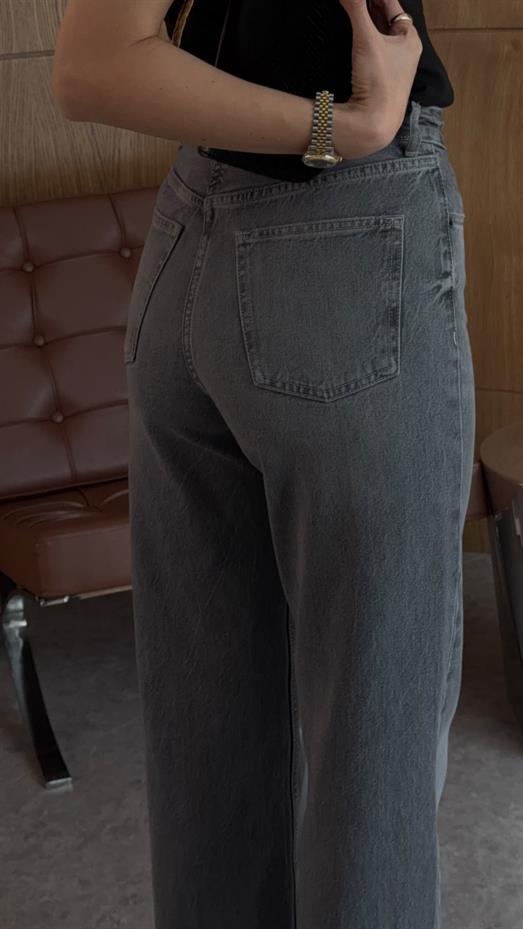 Yıkamalı Kesik Paça Yüksek Bel Gri Jean