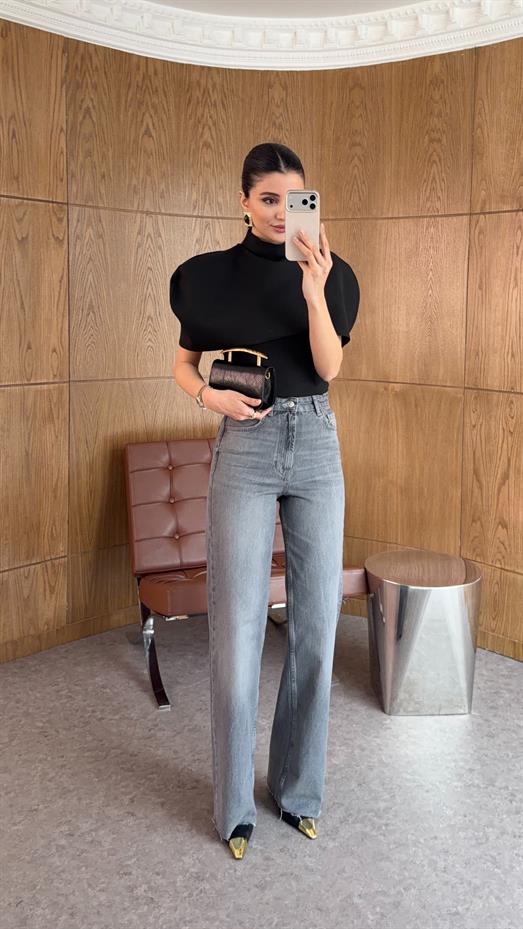 Yıkamalı Kesik Paça Yüksek Bel Gri Jean