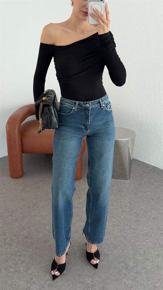 Yıkamalı Koyu Mavi Straight Jean