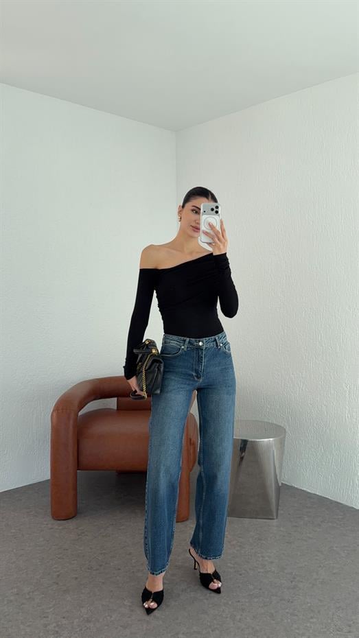 Yıkamalı Koyu Mavi Straight Jean