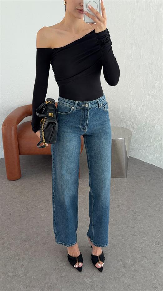 Yıkamalı Koyu Mavi Straight Jean