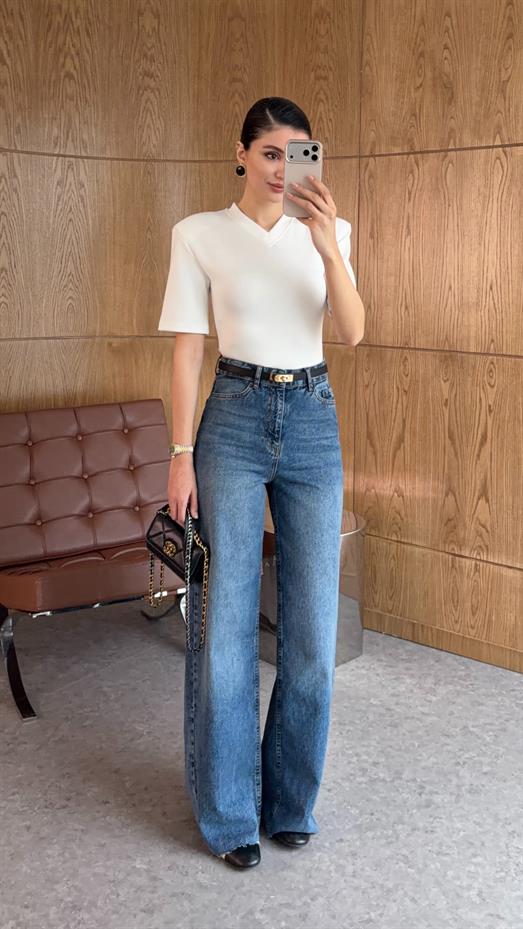 Yıkamalı Koyu Mavi Wide Leg Jean
