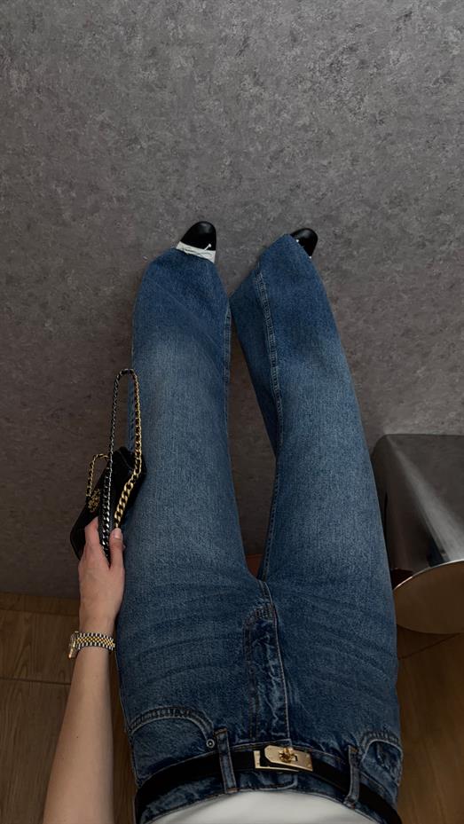 Yıkamalı Koyu Mavi Wide Leg Jean