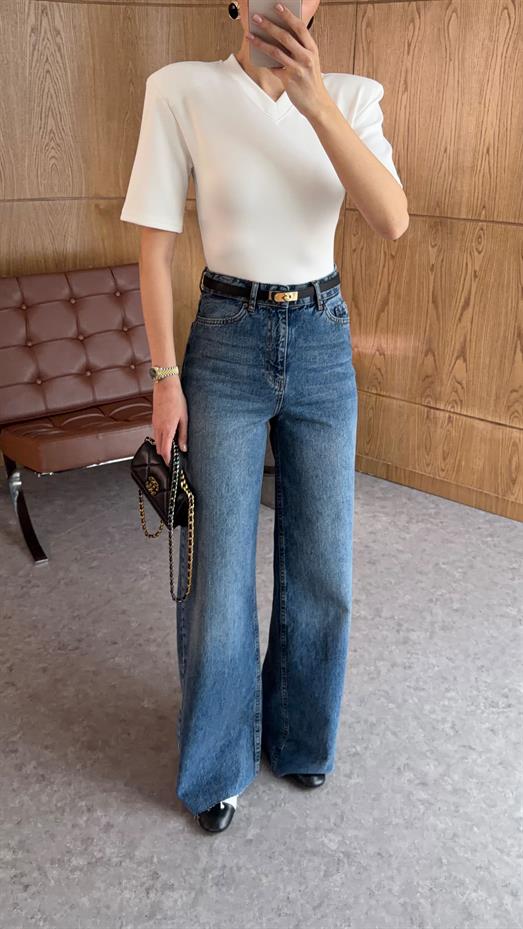 Yıkamalı Koyu Mavi Wide Leg Jean