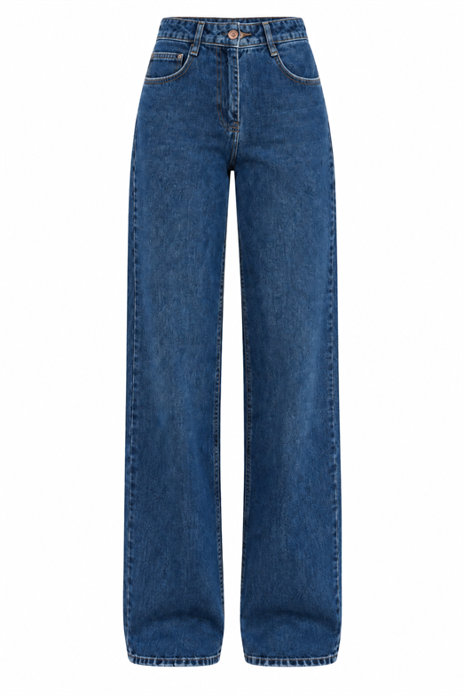 Yıkamalı Lacivert Cep Nakışlı Straight Fit Jean