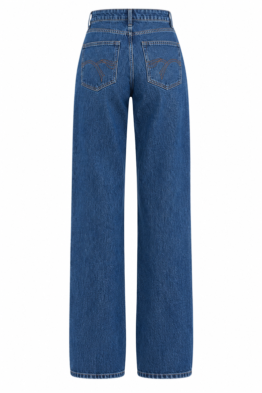 Yıkamalı Lacivert Cep Nakışlı Straight Fit Jean