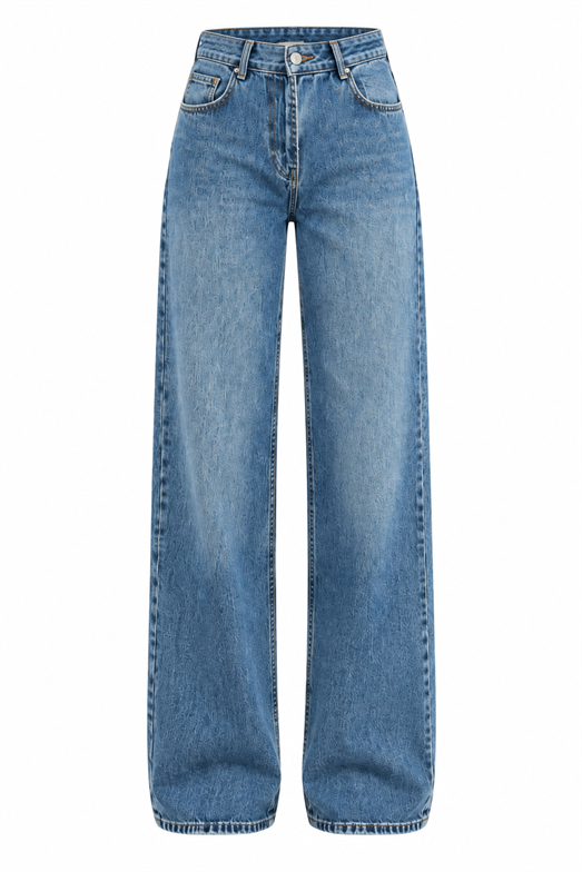 Yıkamalı Mavi Cep Nakışlı Straight Fit Jean