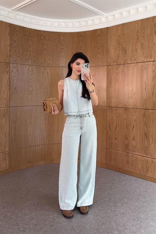 Yıkamalı Mavi İkili Denim Takım
