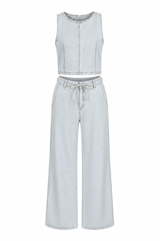 Yıkamalı Mavi İkili Denim Takım