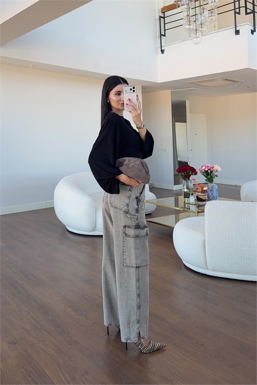 Yıkamalı Paça Yırtmaçlı Kargo Denim Pantolon