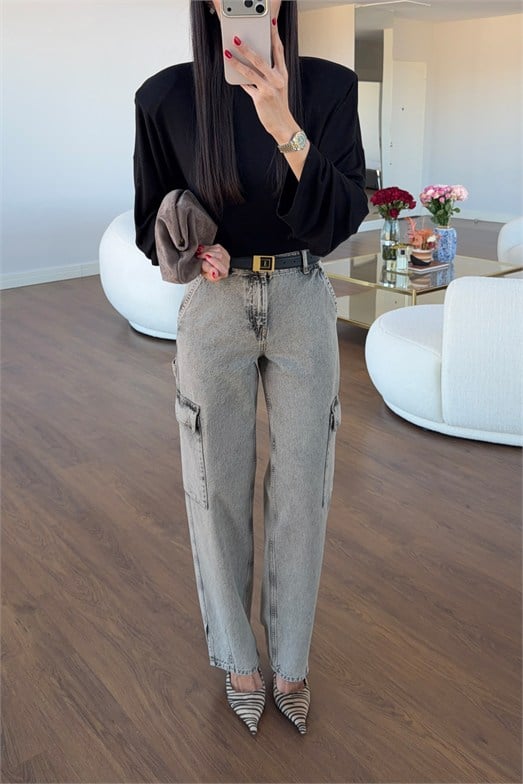 Yıkamalı Paça Yırtmaçlı Kargo Denim Pantolon