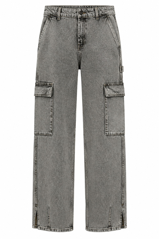 Yıkamalı Paça Yırtmaçlı Kargo Denim Pantolon