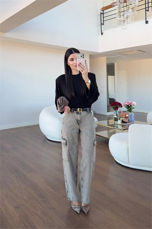 Yıkamalı Paça Yırtmaçlı Kargo Denim Pantolon