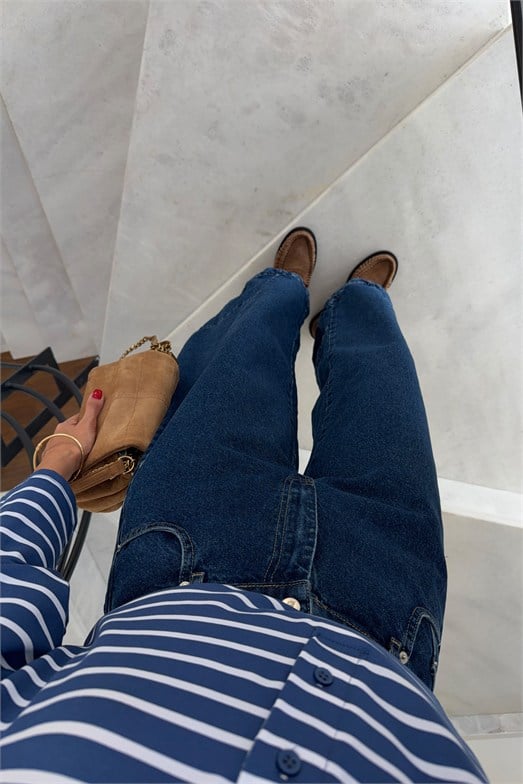 Yüksek Bel Barrel Cut Mavi Jean