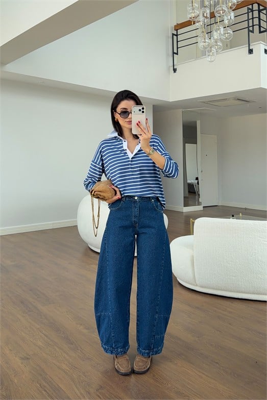 Yüksek Bel Barrel Cut Mavi Jean