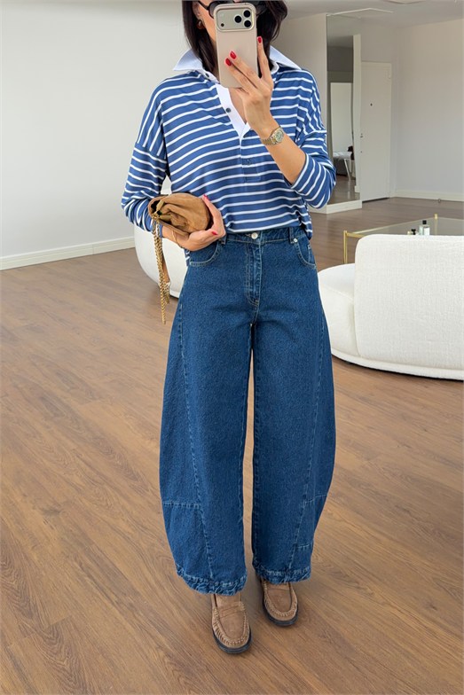 Yüksek Bel Barrel Cut Mavi Jean