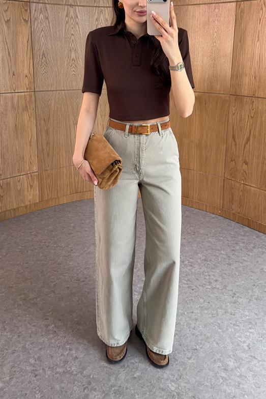 Yüksek Bel Geniş Paça Haki Jean