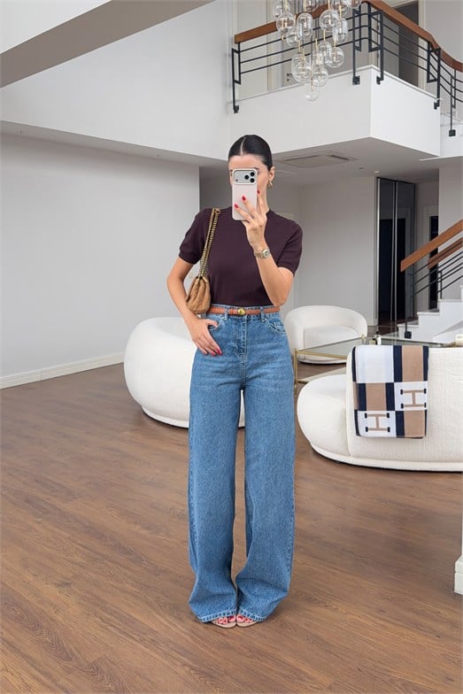 Yüksek Bel Koyu Yıkamalı Wide Leg Jean