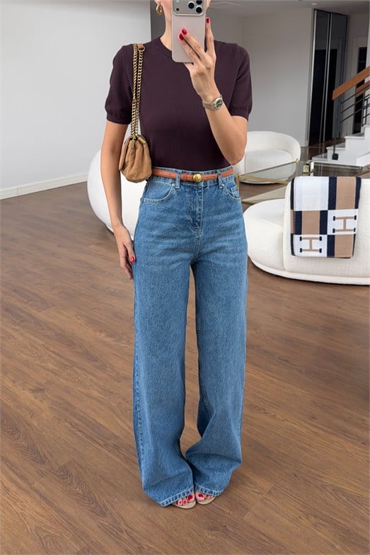 Yüksek Bel Koyu Yıkamalı Wide Leg Jean