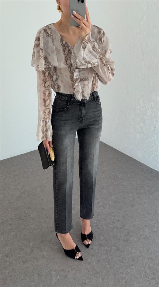 Yüksek Bel Yıkamalı Antrasit Momfit Jean