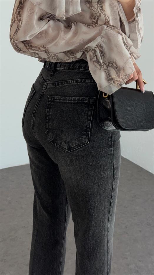 Yüksek Bel Yıkamalı Antrasit Momfit Jean