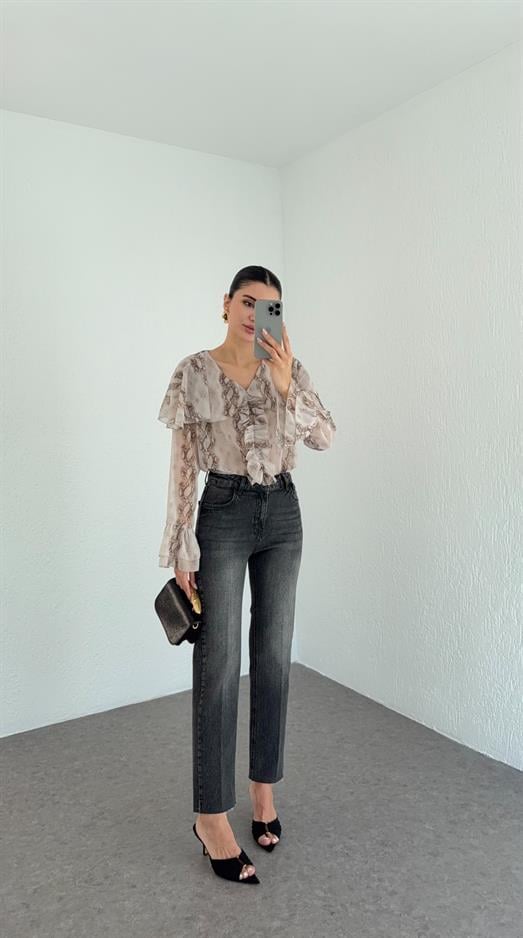 Yüksek Bel Yıkamalı Antrasit Momfit Jean