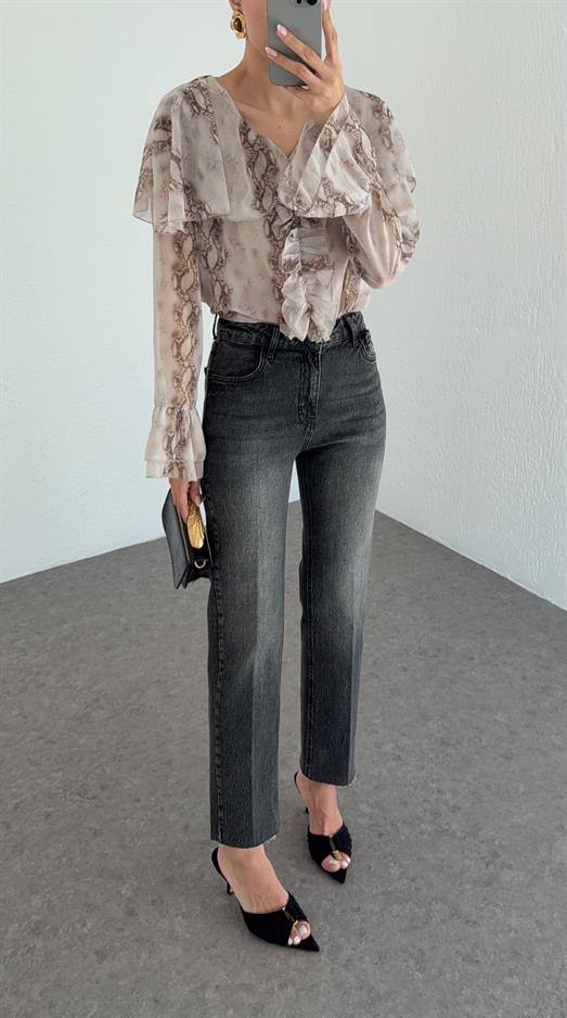 Yüksek Bel Yıkamalı Antrasit Momfit Jean