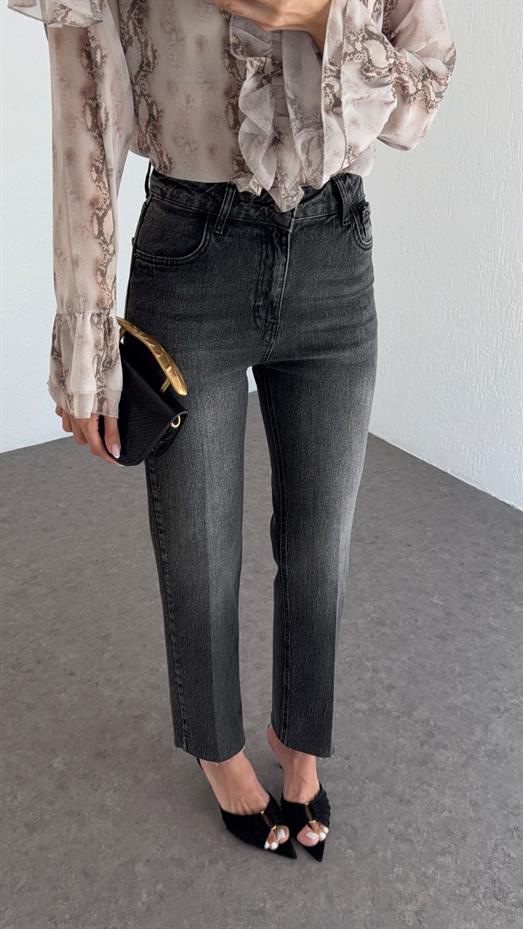 Yüksek Bel Yıkamalı Antrasit Momfit Jean