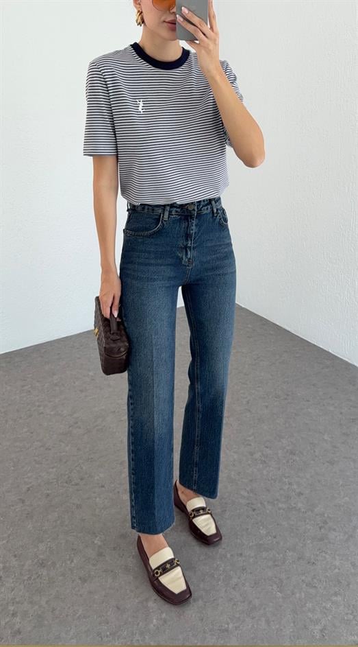 Yüksek Bel Yıkamalı Koyu Mavi Momfit Jean