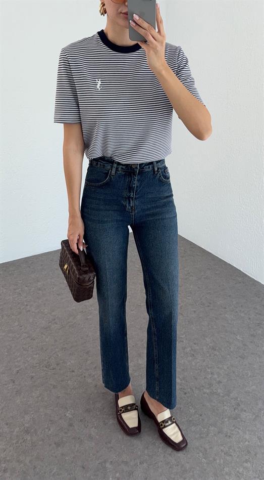 Yüksek Bel Yıkamalı Koyu Mavi Momfit Jean