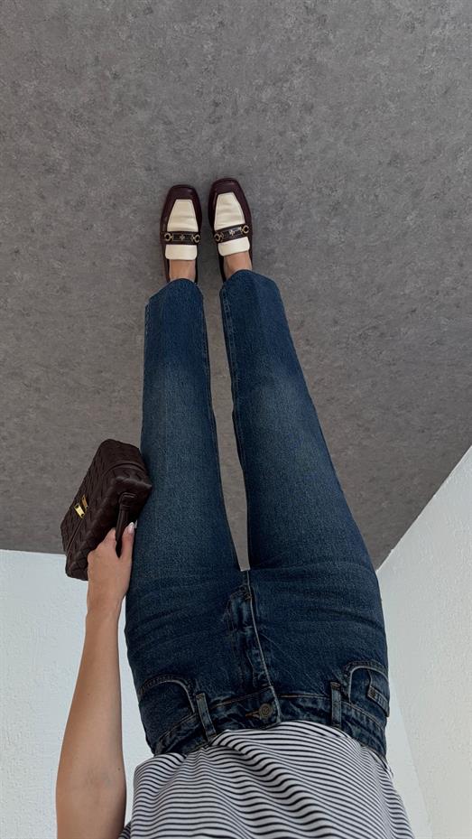 Yüksek Bel Yıkamalı Koyu Mavi Momfit Jean