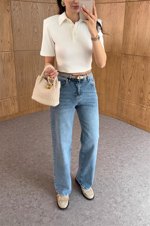 Yüksek Bel Yıkamalı Mavi Straight Jean